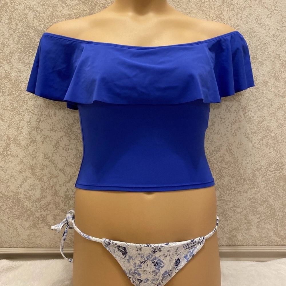 Royal Blue Ruffle Bikini Top with White and Blue  Floral Bottom